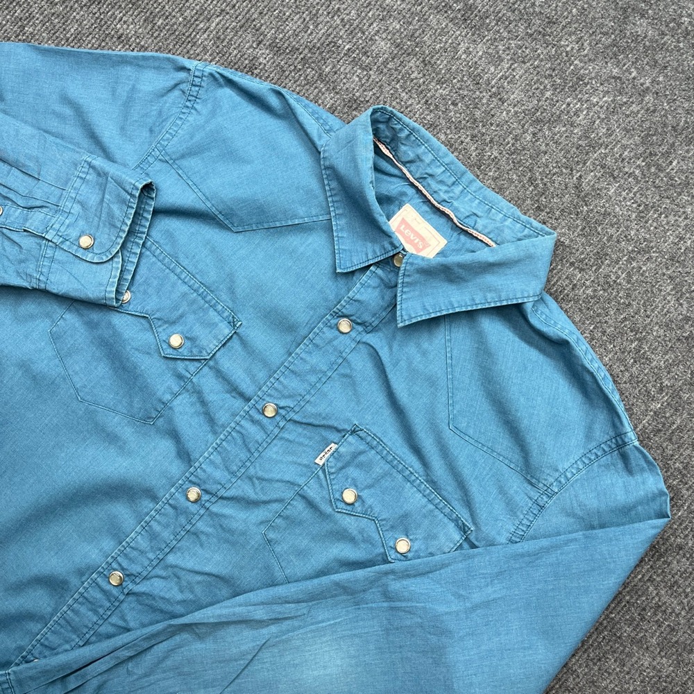 Levi's Mens Western Pearl Snap Shirt Medium Blue Long Sleeve Modern Fit Cotton
